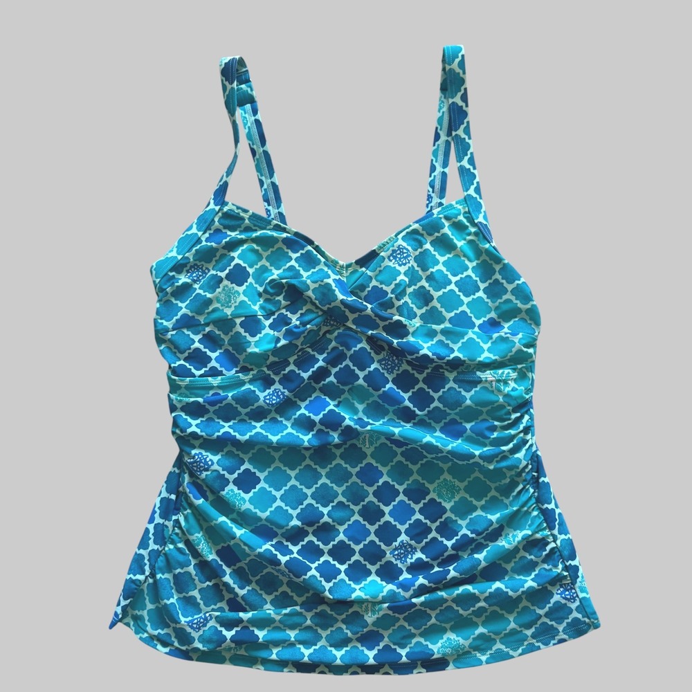 L.L. Bean Blue Quatrefoil Ruched Tankini Top UPF 40 Sz 16 coastal slimming